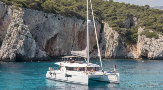 Catamaran blanc naviguant le long des falaises corses en Méditerranée