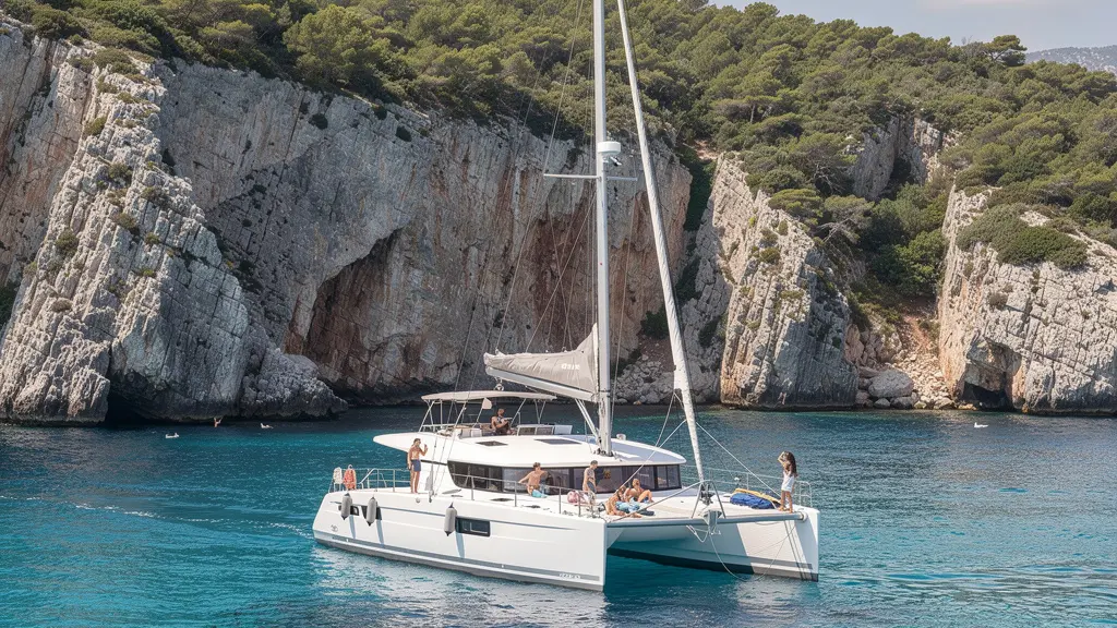 Catamaran blanc naviguant le long des falaises corses en Méditerranée