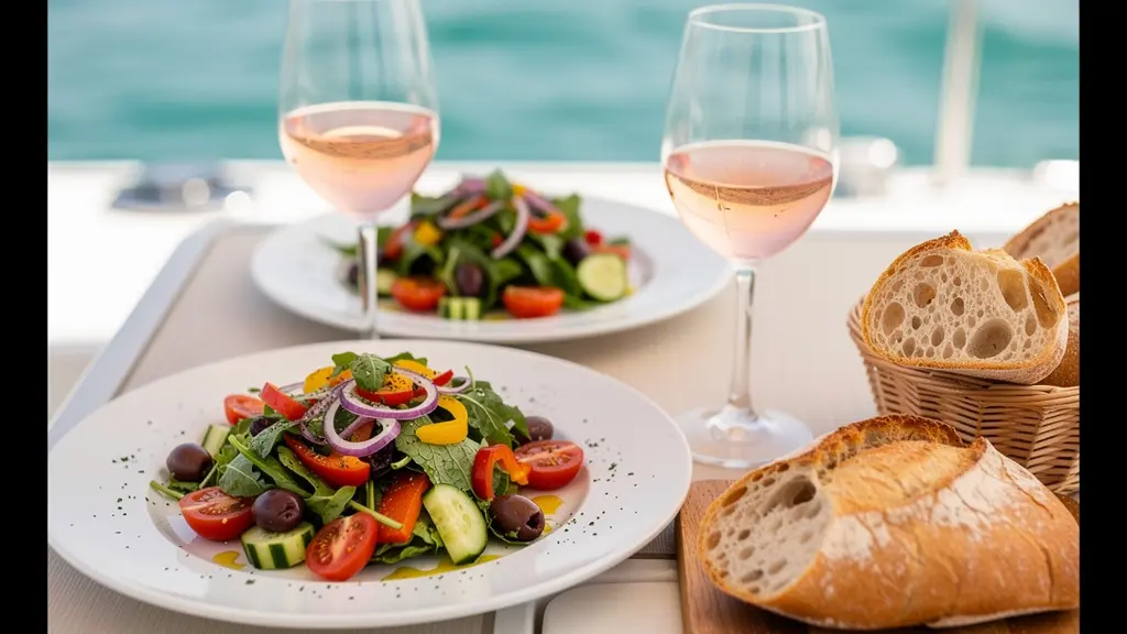 Table dressée pour le déjeuner sur le pont d'un catamaran avec vue mer