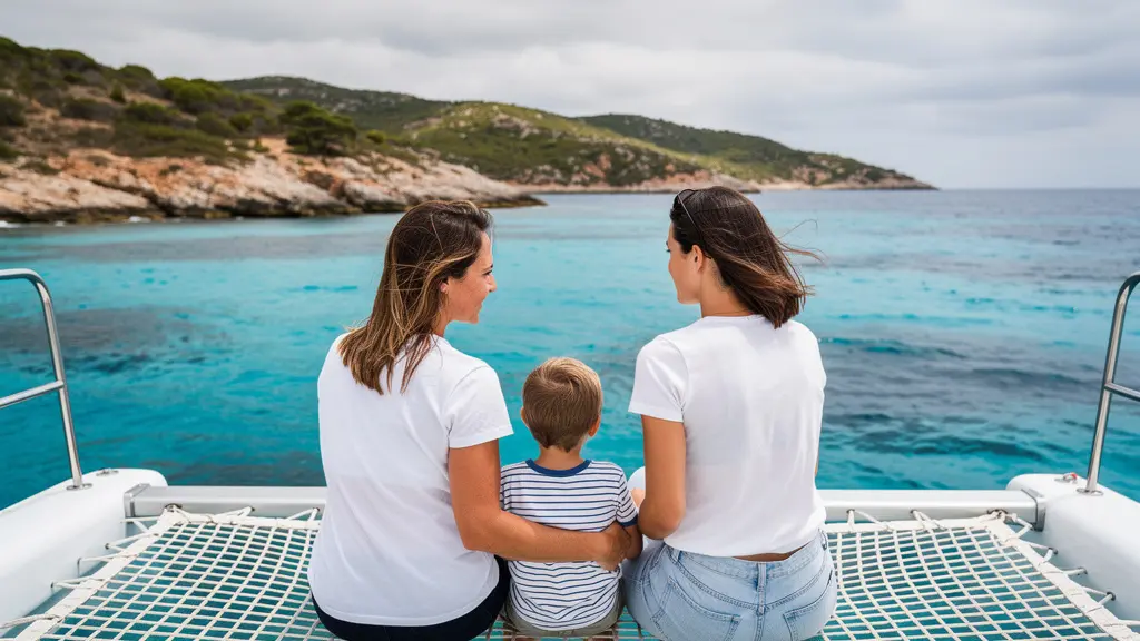 Famille contemplant une crique corse depuis les filets avant d'un catamaran